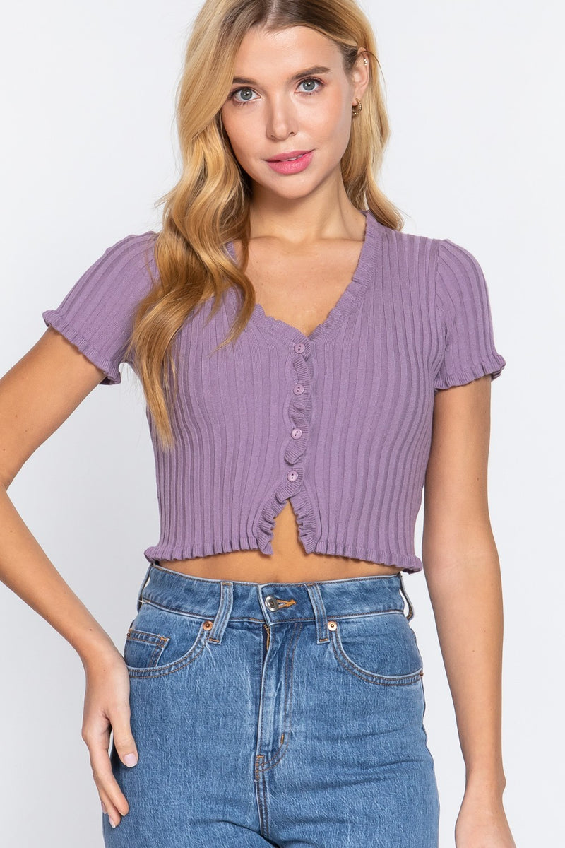 Short Sleeve Ribbed Sweater - Lavender