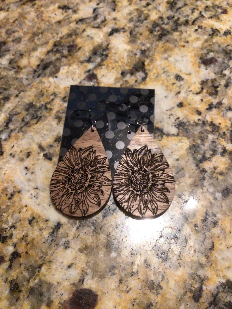 Wooden sunflower teardrop earrings